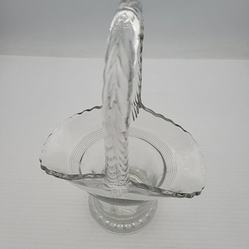 Vintage Duncan Miller 1930s Clear Glass Etched Small Handled Basket Oval